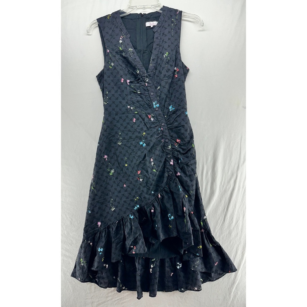 Parker Black Eyelet Floral Ruched High Low Ruffle Midi Dress Women Size 4